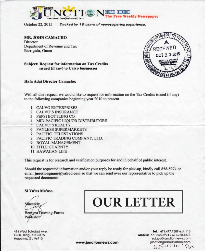 Letter to Department of Revenue and Tax